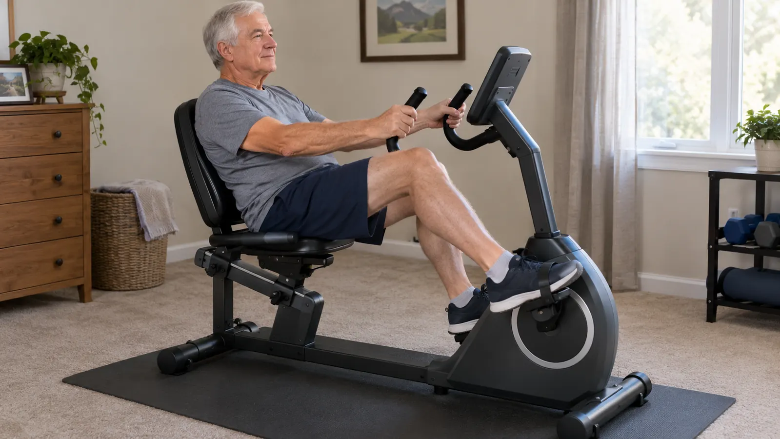Close view of an older man's hands on the handlebars of a recumbent exercise bike while he pedals at home