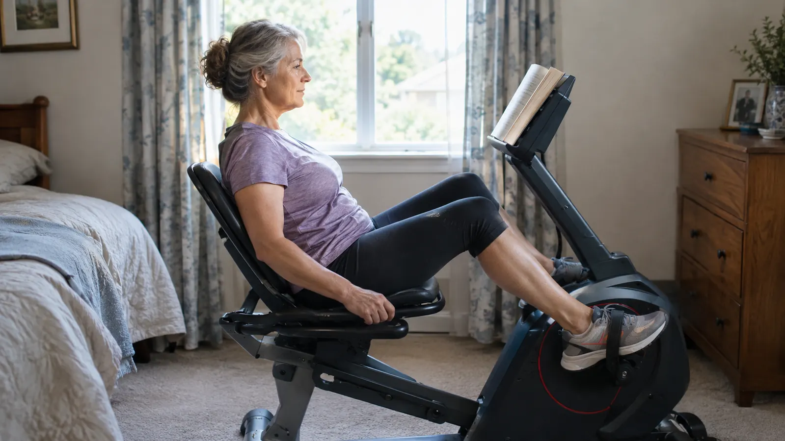 A senior woman pedaling a recumbent exercise bike in a small carpeted bedroom while reading a paperback