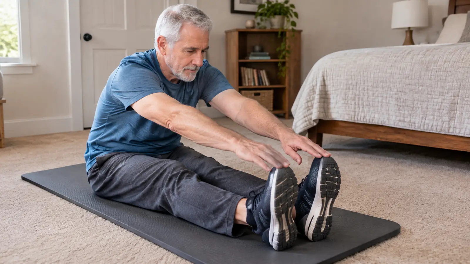An older man seated on a thick exercise mat, legs extended, doing a seated stretch in a carpeted spare bedroom