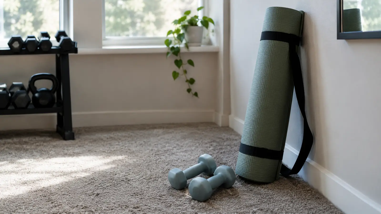 A rolled exercise mat with a carrying strap leaning against a wall in a small home gym, with light dumbbells on the floor nearby