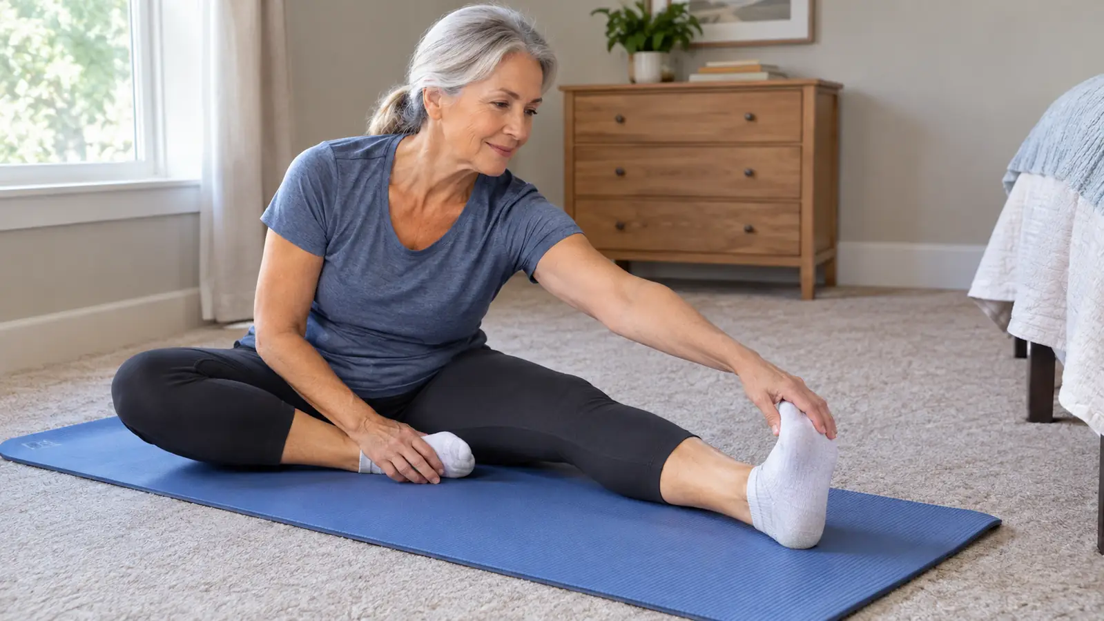An older adult seated on a thick exercise mat doing a gentle stretch in a home gym
