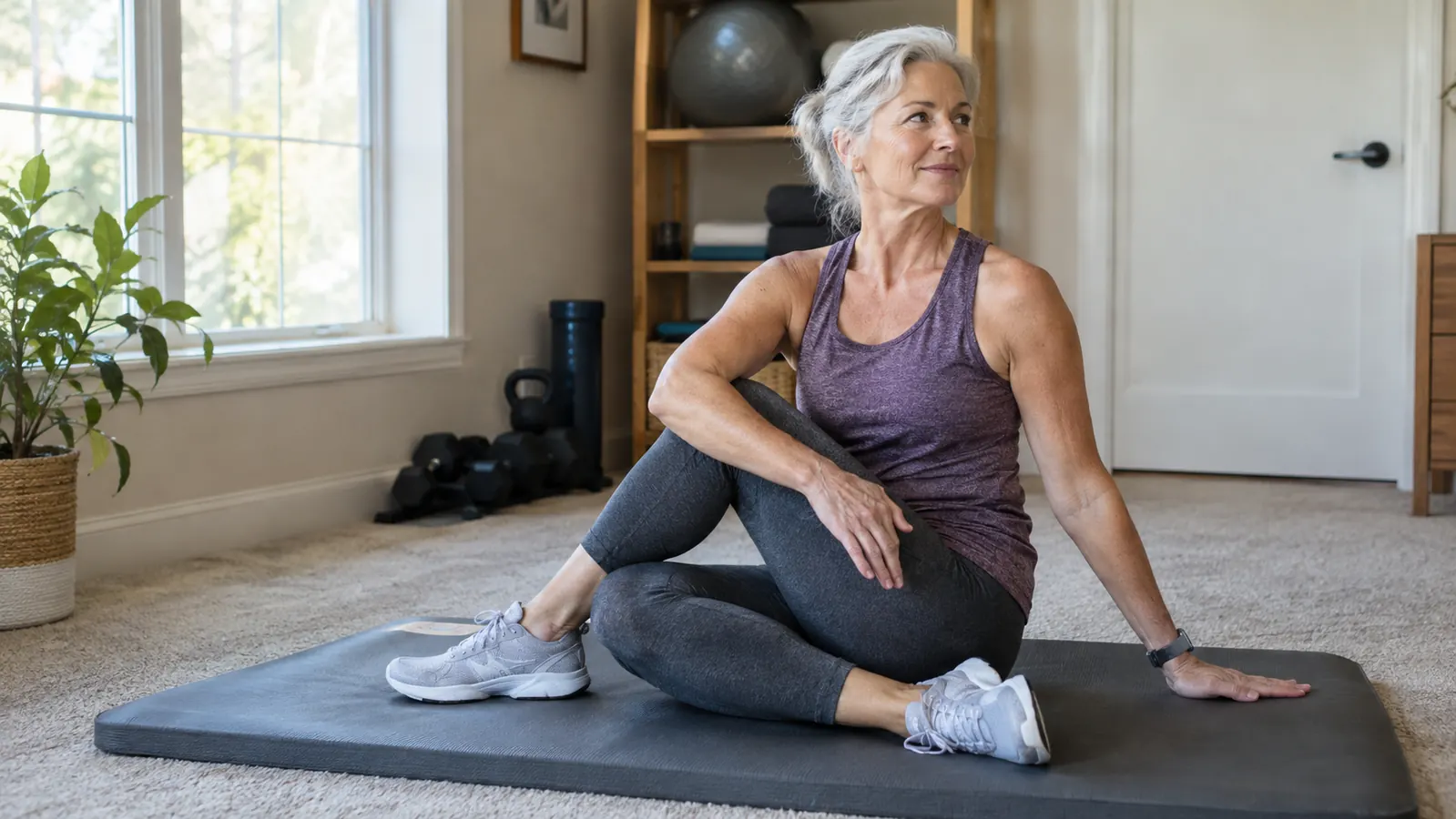 A senior woman sitting on a thick exercise mat doing a seated twist in a bright home gym