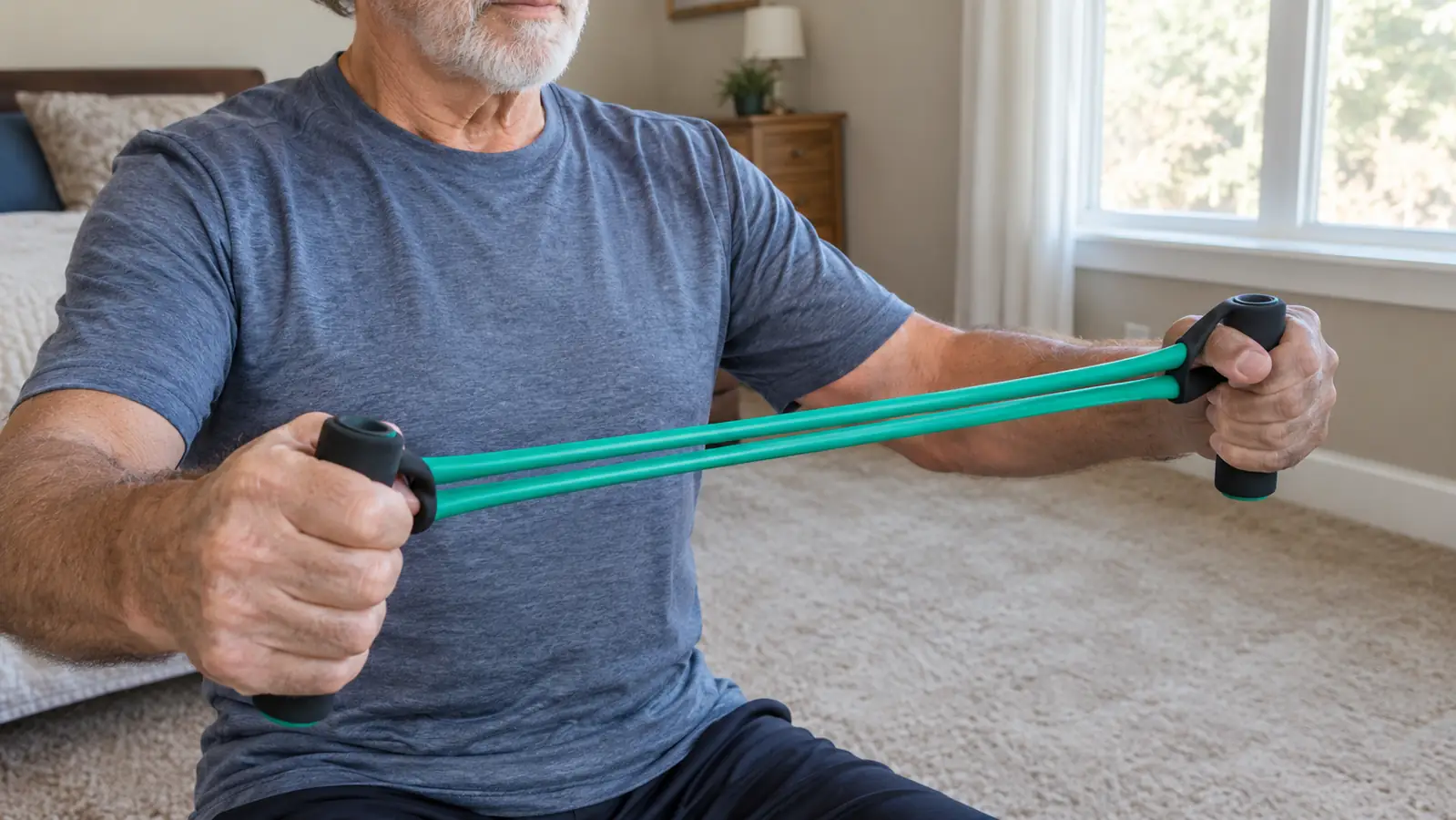 An older man's hands gripping the foam handles of a resistance band mid-exercise