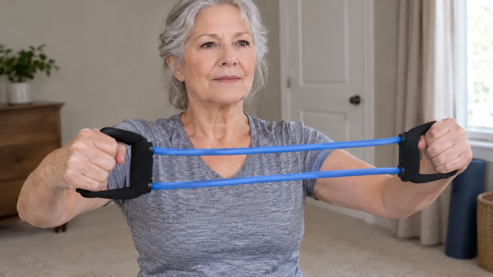 A person's hands holding the foam handles of a resistance band while the band is stretched between them