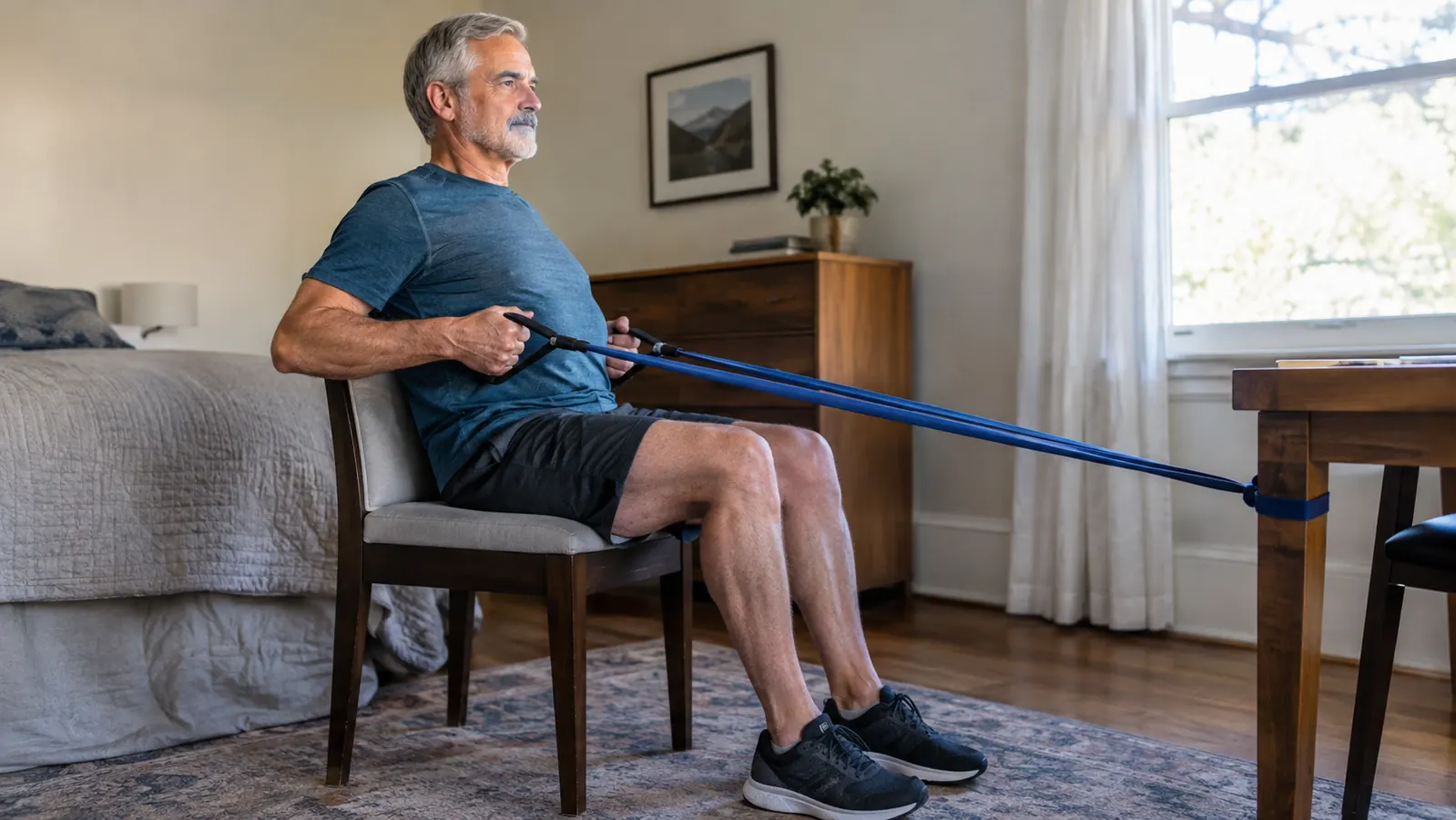 An older man doing a seated row with a resistance band anchored to a sturdy table leg in a home gym